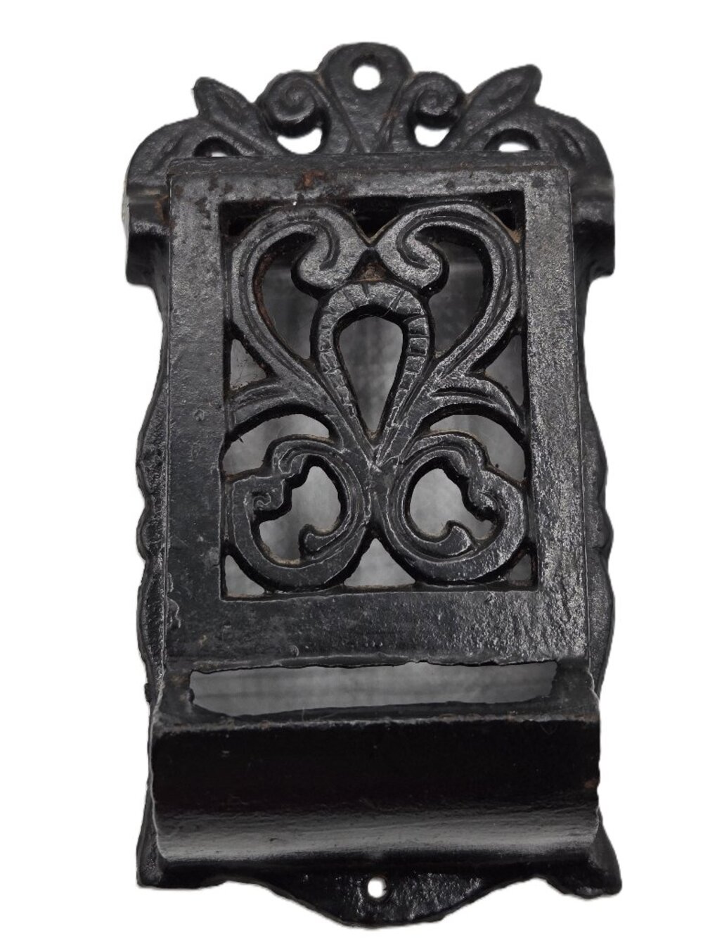 Old Time Match Box Holder Black Cast Iron Wall Hanger Country Design